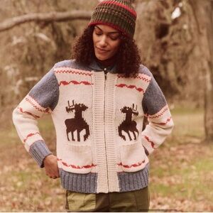 THE GREAT- The Reindeer Shawl Collar Full Zip Sweater Lambswool XS oversized